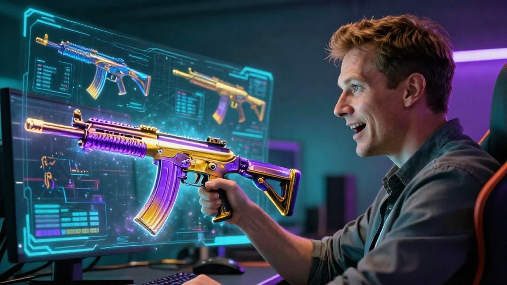 Игрок рассматривает редкие скины оружия CS2 с фиолетовым и золотым свечением на фоне премиальной игровой установки