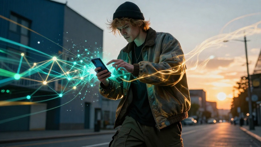 Цена энергии TRON: как не переплатить за транзакции Молодой человек анализирует стоимость энергии TRON на смартфоне в золотой час, абстрактная визуализация криптовалютных транзакций