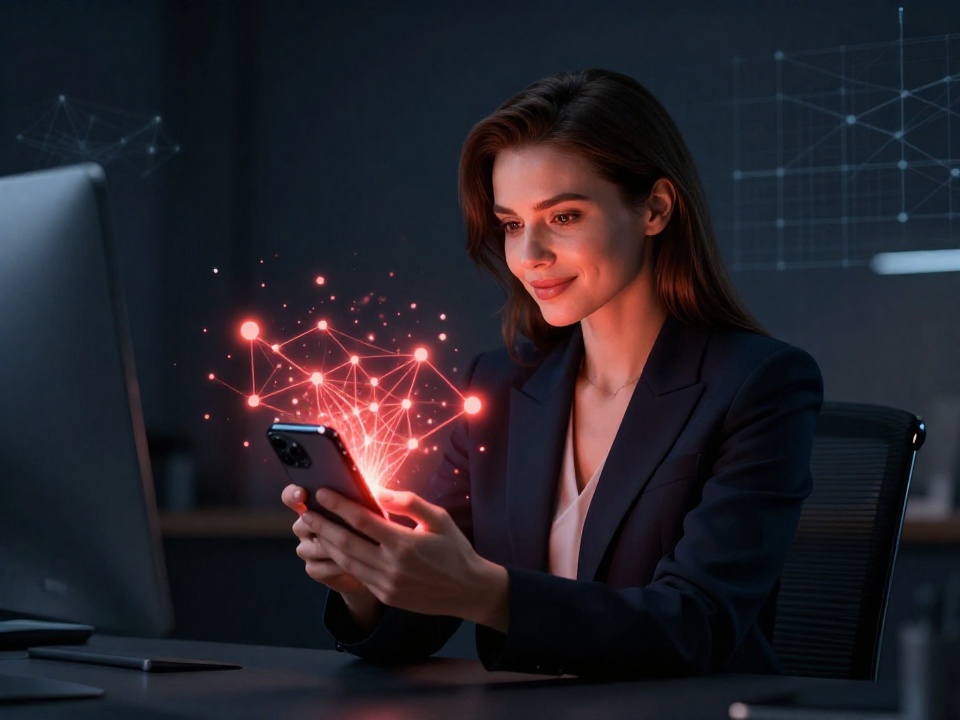 Аренда энергии Tron: элегантная женщина изучает способы снижения комиссии при переводе USDT TRC20 на смартфоне