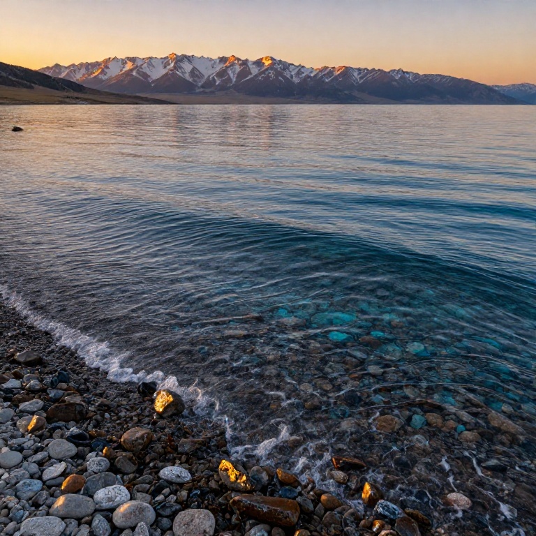Берег озера Иссык-Куль с прозрачной бирюзовой водой, галькой и заснеженными пиками Тянь-Шаня на горизонте в золотых лучах заката